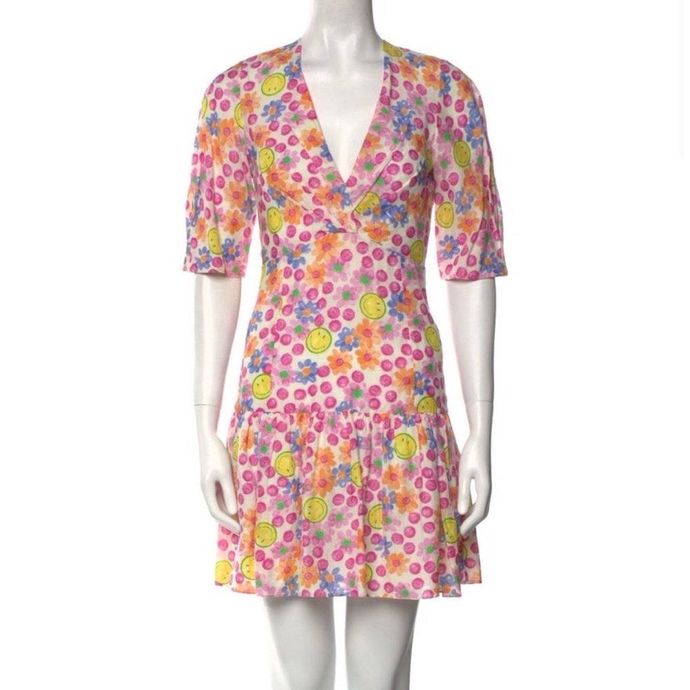 Sandro Smiley Multicolor Floral Short Sleeve Flouncy Dress Size 2/XS